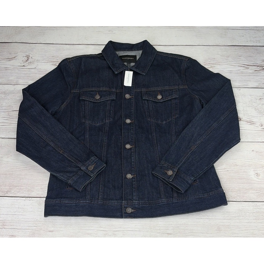 New Banana Republic Men's Large Blue Denim Trucker Jacket Dark Wash Buttons NWT